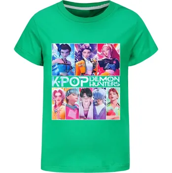 Dívčí tričko KPop Demon Hunters (Lovkyně démonů) KPop Demon Hunters bavlněné tričko s potiskem postav Barva: zelená, Velikost: 170