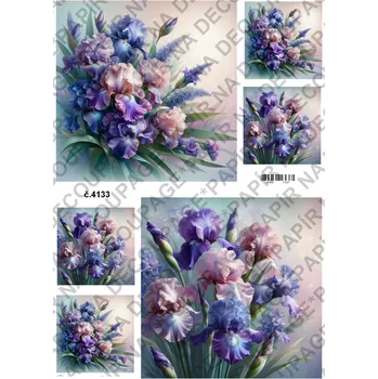 Umělecký papír Rýžový a soft papír na decoupage - Kosatce - KB04133 Materiál: Soft, Rozměr: A4