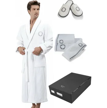Pánský župan Soft Cotton Luxusní pánský župan SEHZADE s ručníkem a papučkami v dárkovém balení, Bílá / stříbrná výšivka, 420 g / m², Česaná prémiová bavlna 100%, Dlouhý - vel. XXL + papučky (42/44) + ručník + box