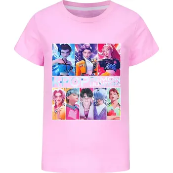 Dívčí tričko KPop Demon Hunters (Lovkyně démonů) KPop Demon Hunters bavlněné tričko s potiskem postav Barva: světle růžová, Velikost: 150