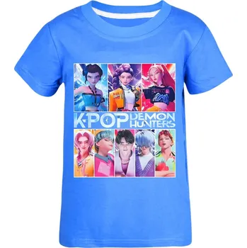 Dívčí tričko KPop Demon Hunters (Lovkyně démonů) KPop Demon Hunters bavlněné tričko s potiskem postav Barva: tmavě modrá, Velikost: 150