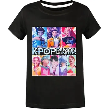 Dívčí tričko KPop Demon Hunters (Lovkyně démonů) KPop Demon Hunters bavlněné tričko s potiskem postav Barva: Černá, Velikost: 100