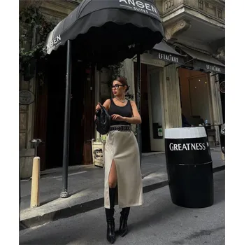 Dámská sukně Umay Béžová midi sukně s rozparkem a vysokým pasem Velikost: L