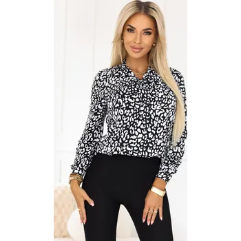 Dámská košile 140-28 Služební halenka s dlouhým rukávem a zavazováním vpředu - černobílý vzor L