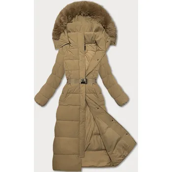 Dlouhá béžová hrubší bunda-kabát s opaskem (WD202306) odstíny béžové XXL (44)