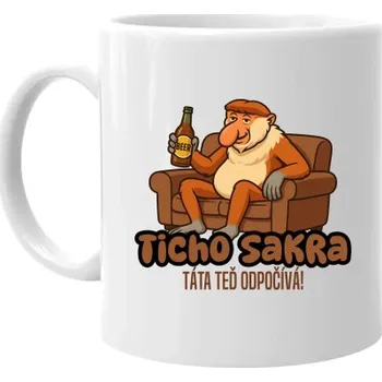 Žertovný předmět Ticho sakra, táta teď odpočívá! - hrnek s potiskem- Tričkový.cz