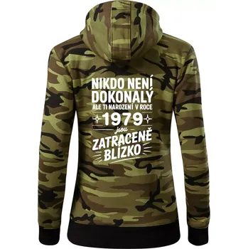 Dámská mikina Nikdo není dokonalý ale ti narození v roce 1979 jsou zatraceně blízko - Dámská mikina trendy zipper s kapucí - L ( Zelený maskáč )