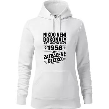 Dámská mikina Nikdo není dokonalý ale ti narození v roce 1958 jsou zatraceně blízko - Mikina dámská Cape s kapucí - XL ( Bílá )