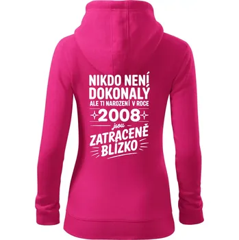 Dámská mikina Nikdo není dokonalý ale ti narození v roce 2008 jsou zatraceně blízko - Dámská mikina trendy zipper s kapucí - S ( Purpurová )