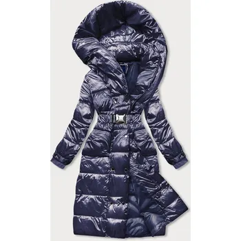 Tmavě modrá dlouhá dámská bunda s opaskem (ag8-8002) odstíny modré XL (42)