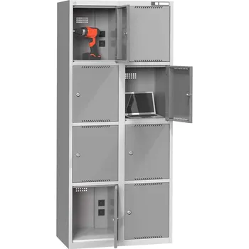 Skříň na dobíjení elektrického nářadí, 8 boxů, cylindrické zámky, v x š x h: 1850x800x500 mm, šedá RAL7035