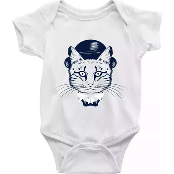 Kojenecký body Kočka hipster s kloboukem - Body kojenecké s krátkým rukávem - Krátký r. 6-12 mes ( Bílá )