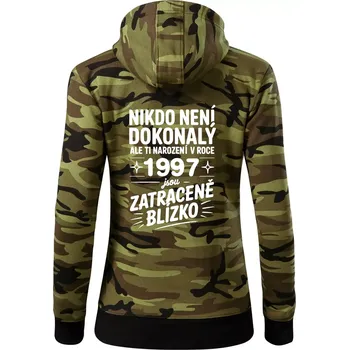 Dámská mikina Nikdo není dokonalý ale ti narození v roce 1997 jsou zatraceně blízko - Dámská mikina trendy zipper s kapucí - M ( Zelený maskáč )