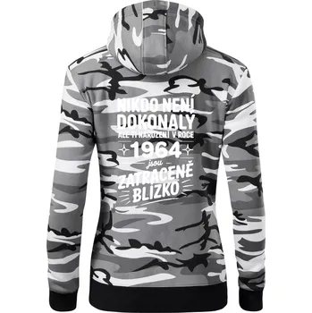 Dámská mikina Nikdo není dokonalý ale ti narození v roce 1964 jsou zatraceně blízko - Dámská mikina trendy zipper s kapucí - S ( Šedý maskáč )