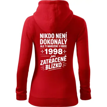 Dámská mikina Nikdo není dokonalý ale ti narození v roce 1998 jsou zatraceně blízko - Dámská mikina trendy zipper s kapucí - XS ( Červená )
