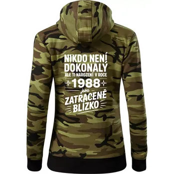 Dámská mikina Nikdo není dokonalý ale ti narození v roce 1988 jsou zatraceně blízko - Dámská mikina trendy zipper s kapucí - S ( Zelený maskáč )
