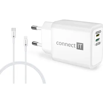 Telefonní příslušenství Connect IT Duplex Nabíjecí adaptér 1x Lightning + 1x USB-C, 20W, kabel 27W - bílá Unikátní nabíječka CWC-2090-WH se dvěma výstupy – Lightning a USB-C – s rychlonabíjením 20 W a přiloženým kabelem 27