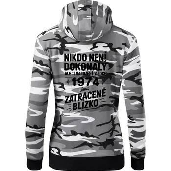 Dámská mikina Nikdo není dokonalý ale ti narození v roce 1974 jsou zatraceně blízko - Dámská mikina trendy zipper s kapucí - M ( Šedý maskáč )