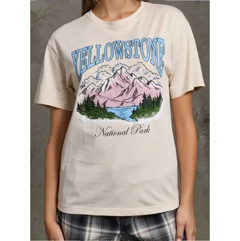 Dámské tričko Sinsay - Bavlněné oversize tričko s potiskem - béžová - 627FG-08X - 627FG-08X-M