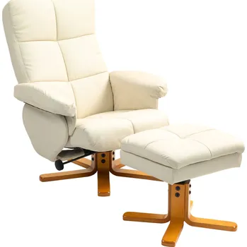 Křeslo HOMCOM Relaxační křeslo s taburetem, úložný prostor, čalouněné TV křeslo s funkcí polohování, otočné TV křeslo 360° do ložnice, obývacího pokoje, imitace kůže, krémově bílá barva
