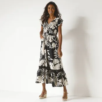 Dámské šaty Dlouhé volánové šaty se žabičkovaným pasem a potiskem černá/béžová 52