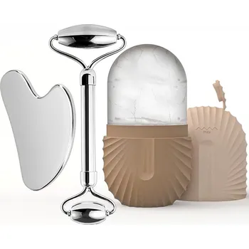 Masáž Ice roller gua sha masáž obličeje | váleček, masážní kámen - sada 3 kusů - hnědá