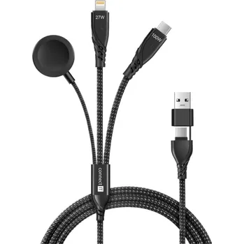 Datový kabel Connect IT Wirez Datový kabel 6v1, 1x USB-C 1x Lightning 1x Watch charger 1.25 m - černá 6v1 kabel pro USB-C, Lightning a Apple Watch s délkou 1,25?m. Umožňuje rychlé nabíjení až 3 zařízení najednou