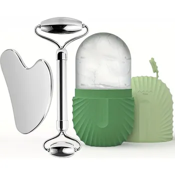 Masáž Ice roller gua sha masáž obličeje | váleček, masážní kámen - sada 3 kusů - zelená