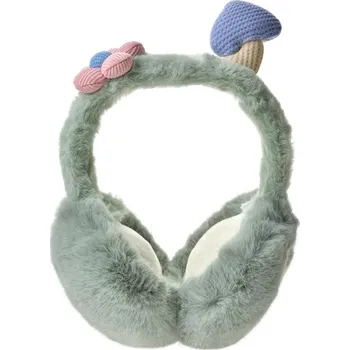 Čepice Zelené dětské klapky na uši s kytičkou a houbičkou – UNI velikost