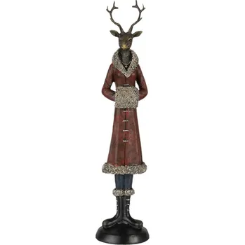 Figurka jelena na zimním výletě v červeném kabátku s kožešinou – 8x8x35 cm