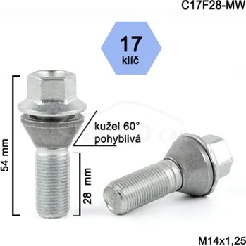 Šroubek na kolo Kolový šroub M14x1,25x28, kužel pohyblivý, klíč 17, stříbrný, BIMECC