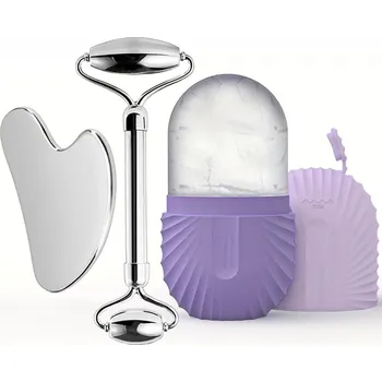 Masáž Ice roller gua sha masáž obličeje | váleček, masážní kámen - Sada 3 kusů - fialová