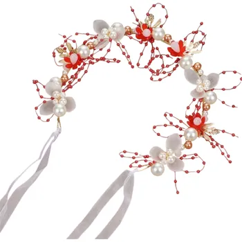 Dětská čelenka květinový věnec 38 cm Elegantní vílí koruna Kovová čelenka s perlami Princezna Narozeninové doplňky Vlasy Přehlídkové molo červená