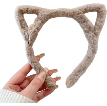 Plyšové kočičí uši čelenka Lolita 12 cm Chlupatá kreslená vlasová páska Cosplay kostým Párty korejské vlasové doplňky pro dívky a ženy béžova