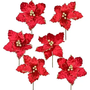 Vánoční dekorace DOMMIO Poinsetie květ - zápich textilní, průměr 25 cm, 6 ks, třpytivá červená