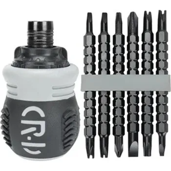 Šroubovák Černý oboustranný ráčnový šroubovák s nastavitelnou délkou 9,5 cm, 6 oboustrannými bity a 3 režimy ráčny pro utahování, povolování, fixní