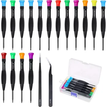 Sada nářadí Sada 16 šroubováků a 2 pinzety na opravy elektroniky, brýlí a hodinek Chrom-vanadiová ocel Ergonomické rukojeti PP-TPR