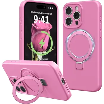 Pouzdro na mobilní telefon Barevný silikonový kryt MagSafe se stojánkem a ochranou fotoaparátu pro iPhone 15 Pro Barva: Růžová