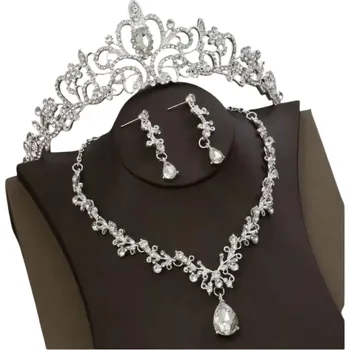 Elegantní svatební sada diadému náhrdelníku a náušnic Luxusní dámská korunka Vlasové doplňky Šperkový set pro nevěsty oslavy večírky