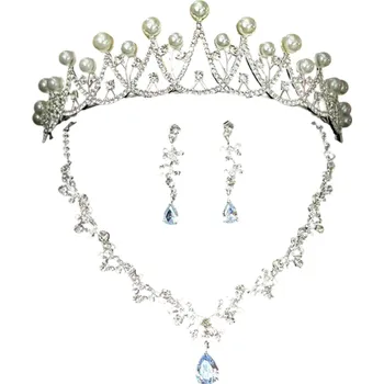 Elegantní svatební sada diadému náhrdelníku a náušnic s perlami Luxusní dámská korunka Vlasové doplňky Šperkový set pro nevěsty oslavy