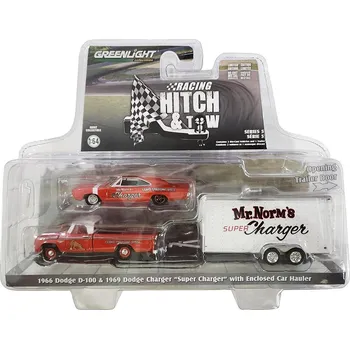 autíčko Dodge D-100 1966 + Dodge Charger "Super Charger" 1969 + přívěs 1:64 Dodge D100 + Dodge Charger - kovový model auta