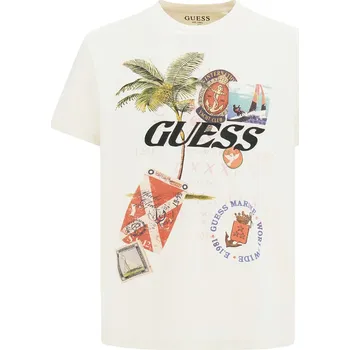 Pánská móda Pánské Tričko s krátkým rukávem GUESS SS BSC NAUTICAL COLLAGE TEE M3GI38KBDL0-G023 – Béžová S