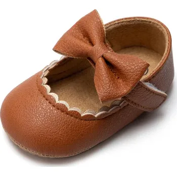 Dívčí baleríny Jarní kožené capáčky pro miminka s mašličkou a protiskluzovou podrážkou Velikost: 6-12M, Barva (Varianta): Hnědá