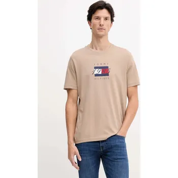 Bavlněné tričko Tommy Hilfiger pánské, béžová barva, s potiskem, MW0MW41338 80X, vel. XXL