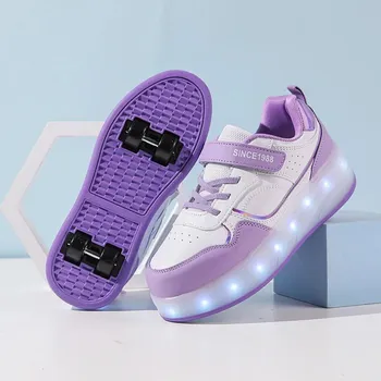 Chlapecké tenisky Dětské LED tenisky s kolečky 4v1 – svítící brusle pro kluky a holky Velikost: 34, Barva (Varianta): LB-2988-Purple
