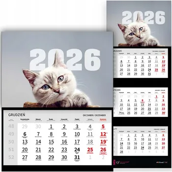 Kalendář Trojdílný kalendář 2026 – nástěnný, kancelářský, pro milovníky koček (různé vzory)