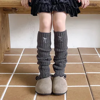 Dívčí návleky na nohy – dlouhé pletené s mašličkami Barva (Varianta): Tmavě šedá