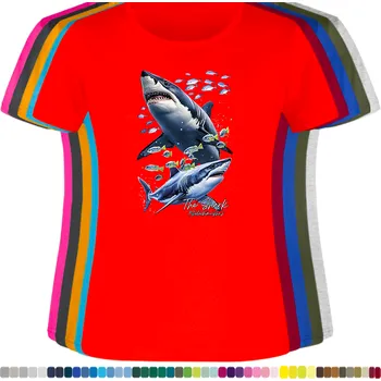 Dámské tričko damske-levne-bavlnene-tricko-digitalni-potisk-zraloci Barva: Red - červená, velikost: L