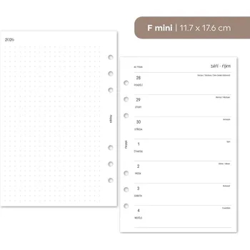 Kancelář Fleppi Náplň do diáře - Kalendář 2026, T1S čistý + tečkované poznámky vlevo (210) Vyberte velikost náplně: F mini