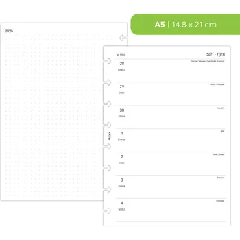 Kancelářské potřeby Fleppi Náplň do diáře - Kalendář 2026, T1S čistý + tečkované poznámky vlevo (210) Vyberte velikost náplně: A5 - 8 disků / Filofax Notebook